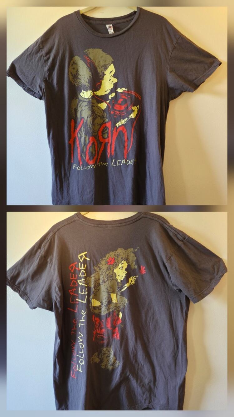 Korn Follow the Leader Graphic Band T-shirt Double-sided Gray XL Reproduction